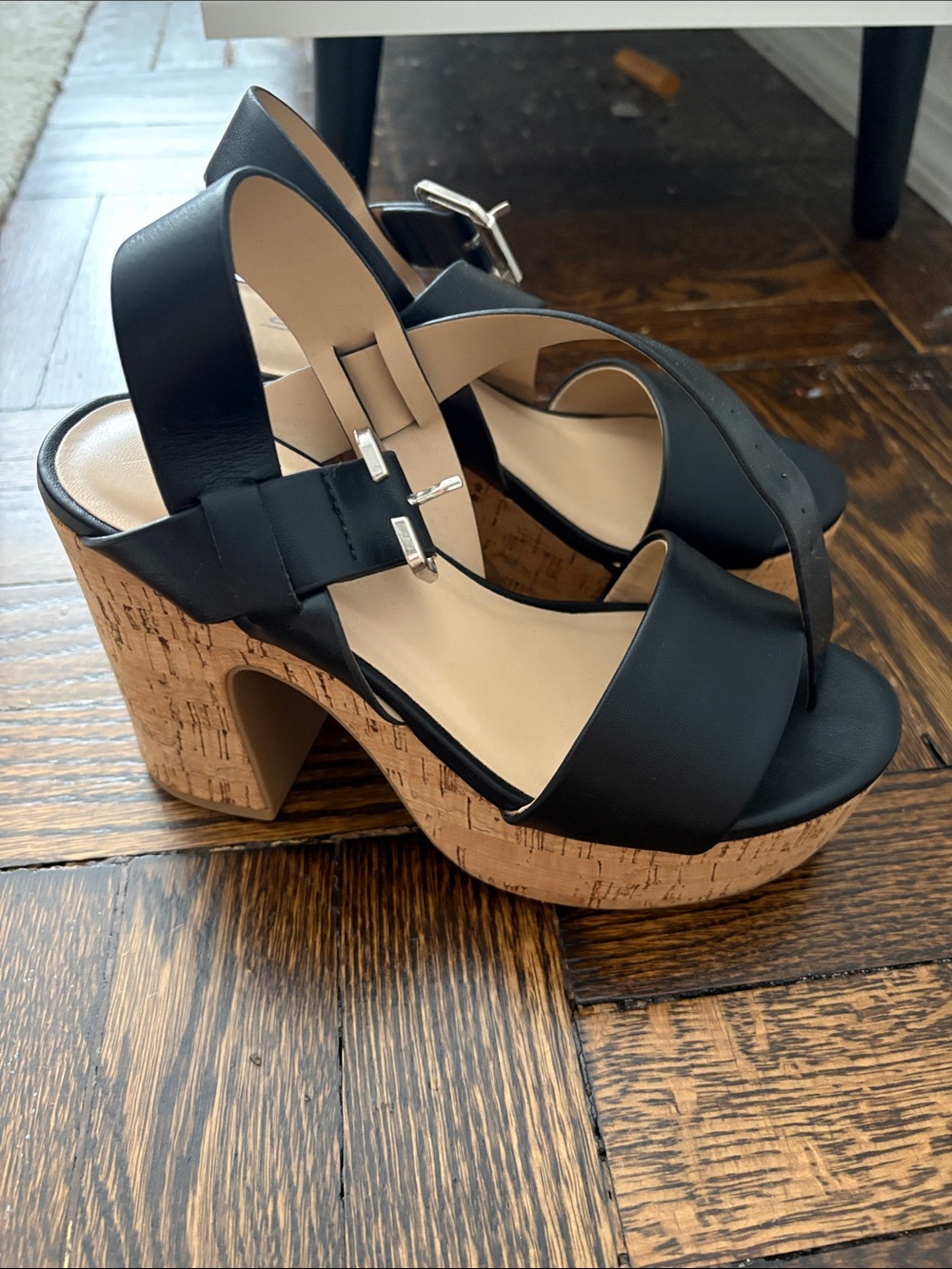 Black Platform Cork Sandals with Wide Straps and Buckle Detail